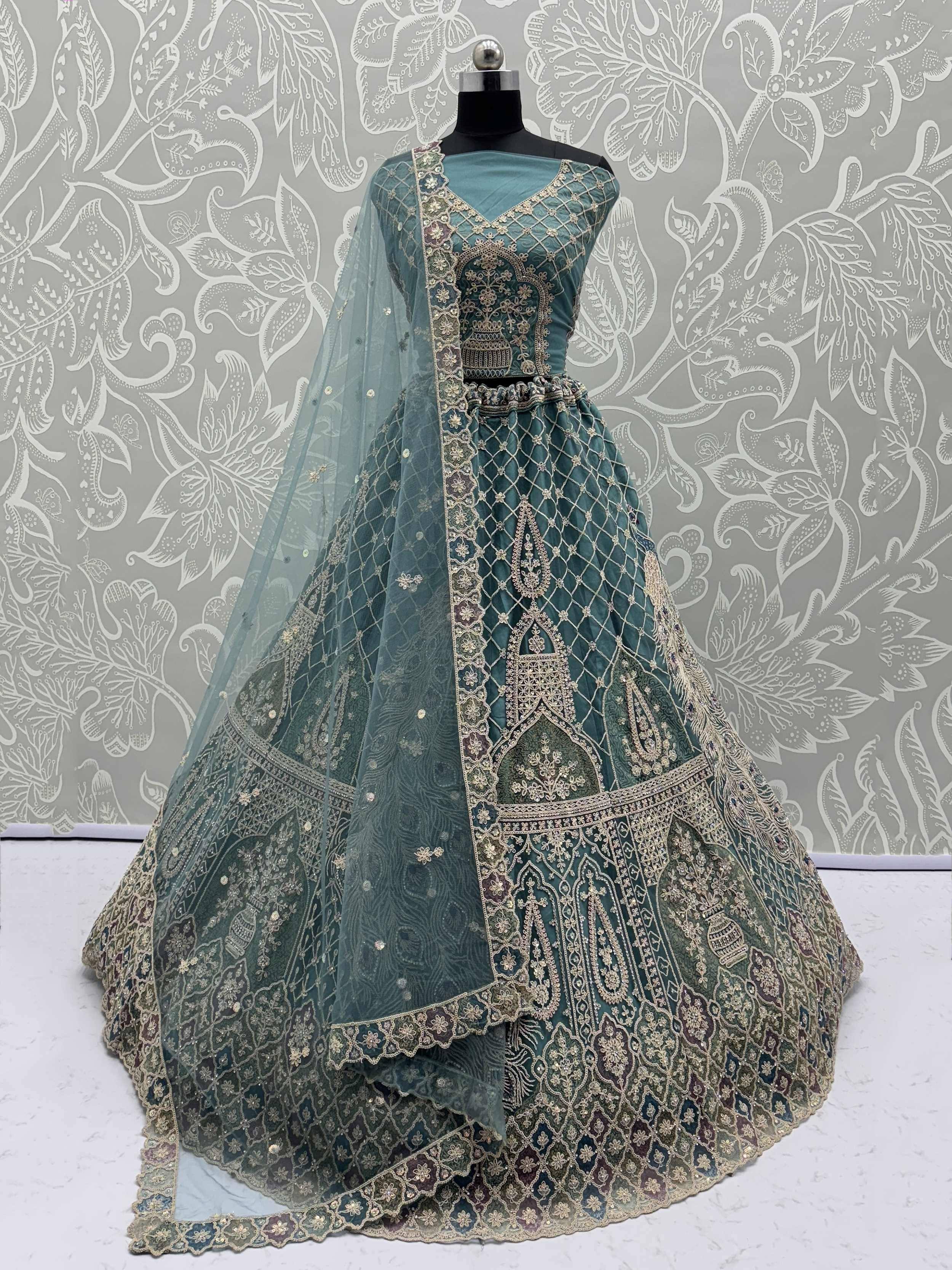 Teal designer lehenga choli with gold embroidery and net dupatta, Indian ethnic wear
