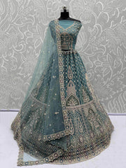 Tantalizing Blue Zari Embroidered Net Lehenga Choli With Dupatta