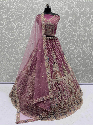 Enchanting Pink Net Sequins Engagement Wear Lehenga Choli With Dupatta