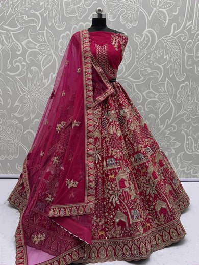 Charming Pink Silk Stone Work Bridal Lehenga Choli With Double Dupatta