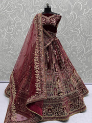 Chic Red Velvet Embroidered Bridal Lehenga Choli With Double Dupatta