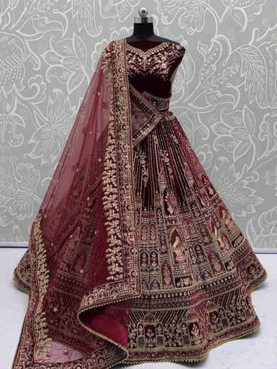 Chic Red Velvet Embroidered Bridal Lehenga Choli With Double Dupatta