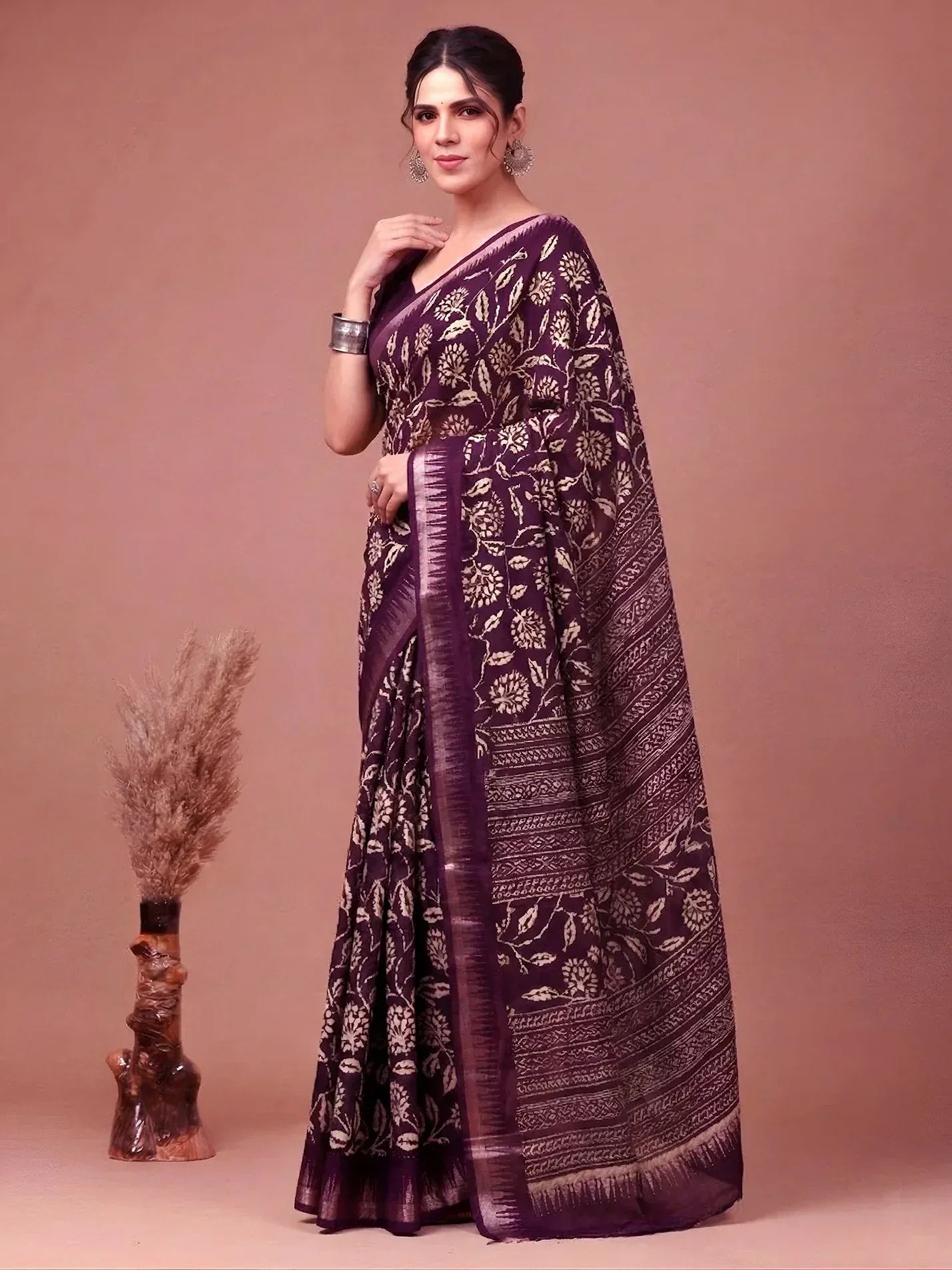 Majestic Wine Floral Printed Silk Casual Wear Saree With Blouse