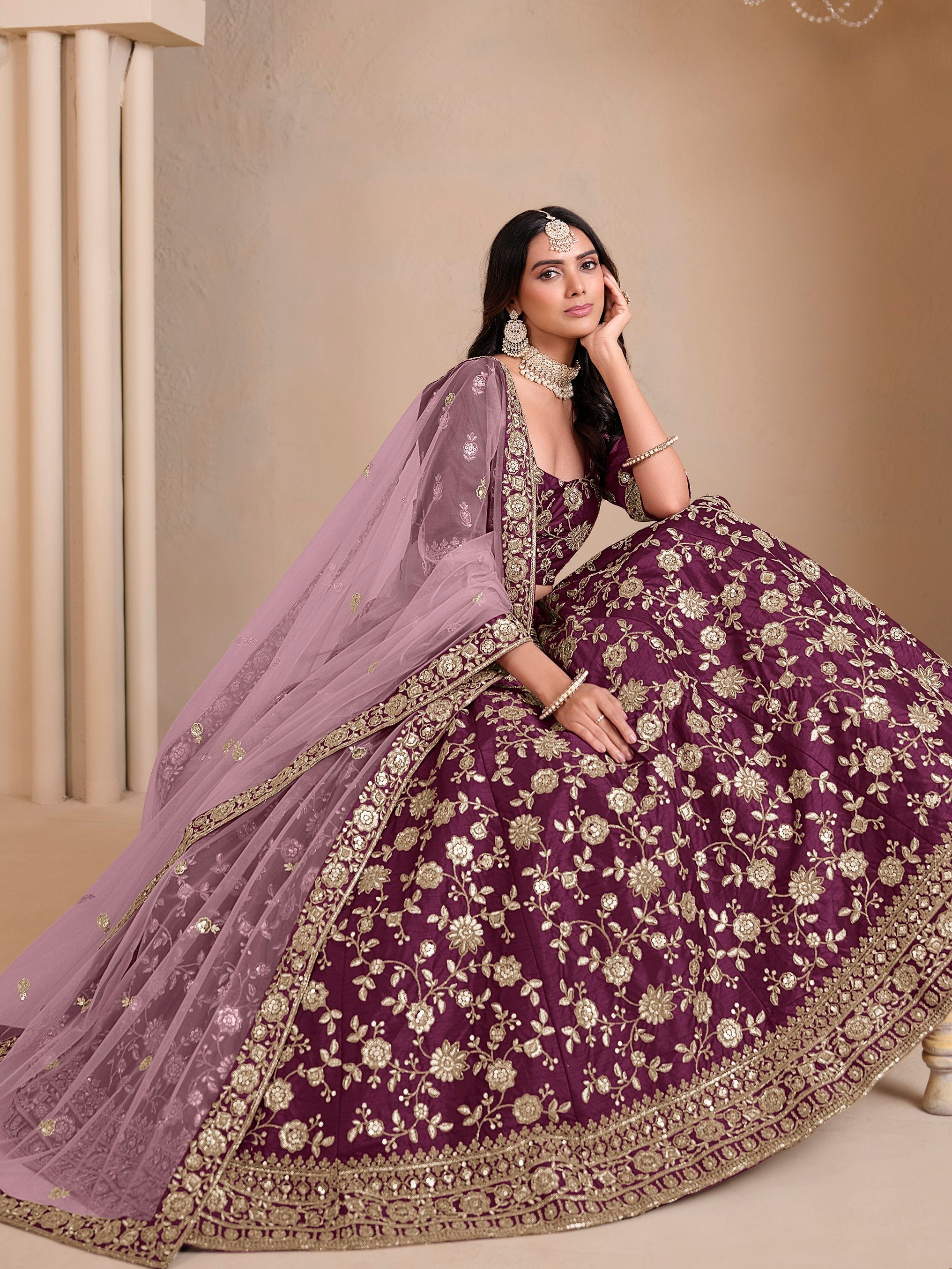 Glowing Wine Sequins Silk Engagement Wear Lehenga Choli With Dupatta