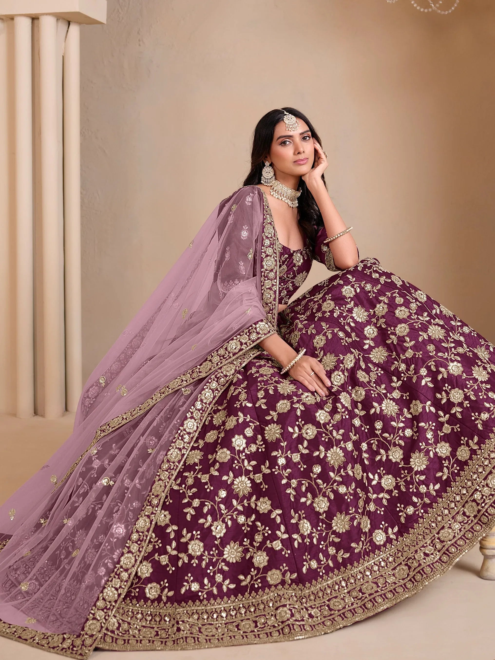 Glowing Wine Sequins Silk Engagement Wear Lehenga Choli With Dupatta