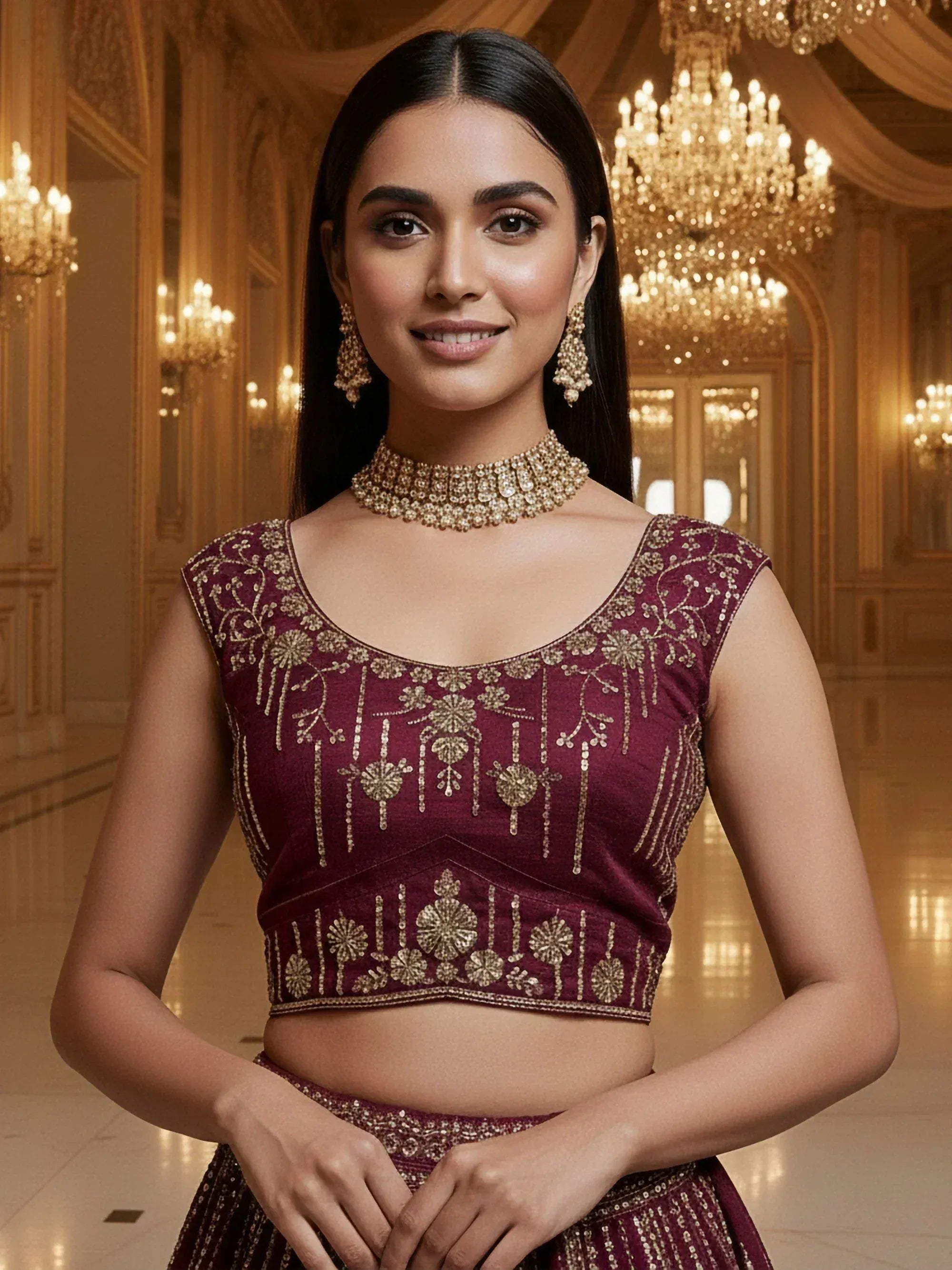Elegant maroon embroidered lehenga choli with gold detailing, perfect for Indian weddings and festive occasions.