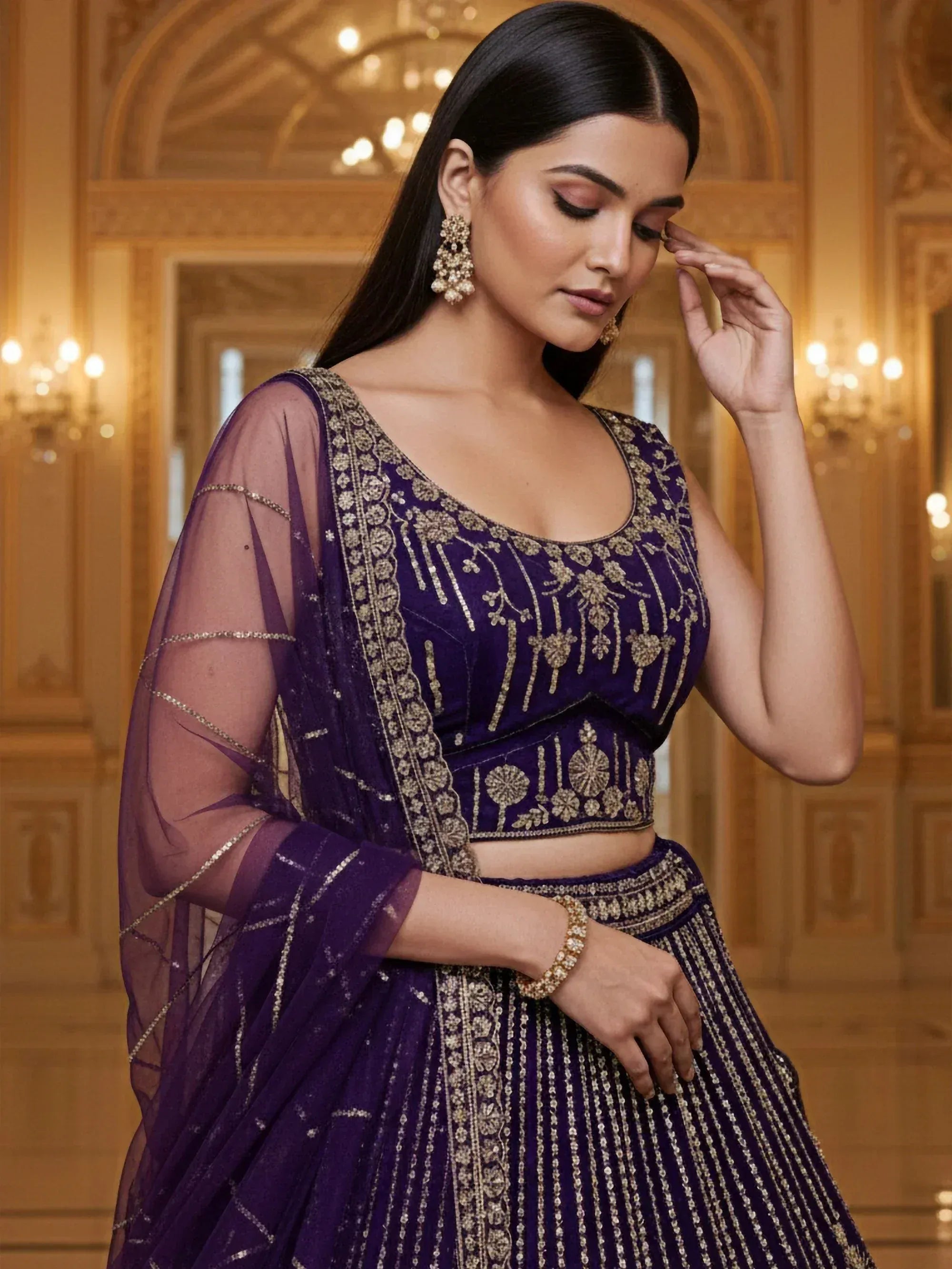 Elegant purple designer lehenga choli with gold embroidery, perfect for Indian ethnic wear events.