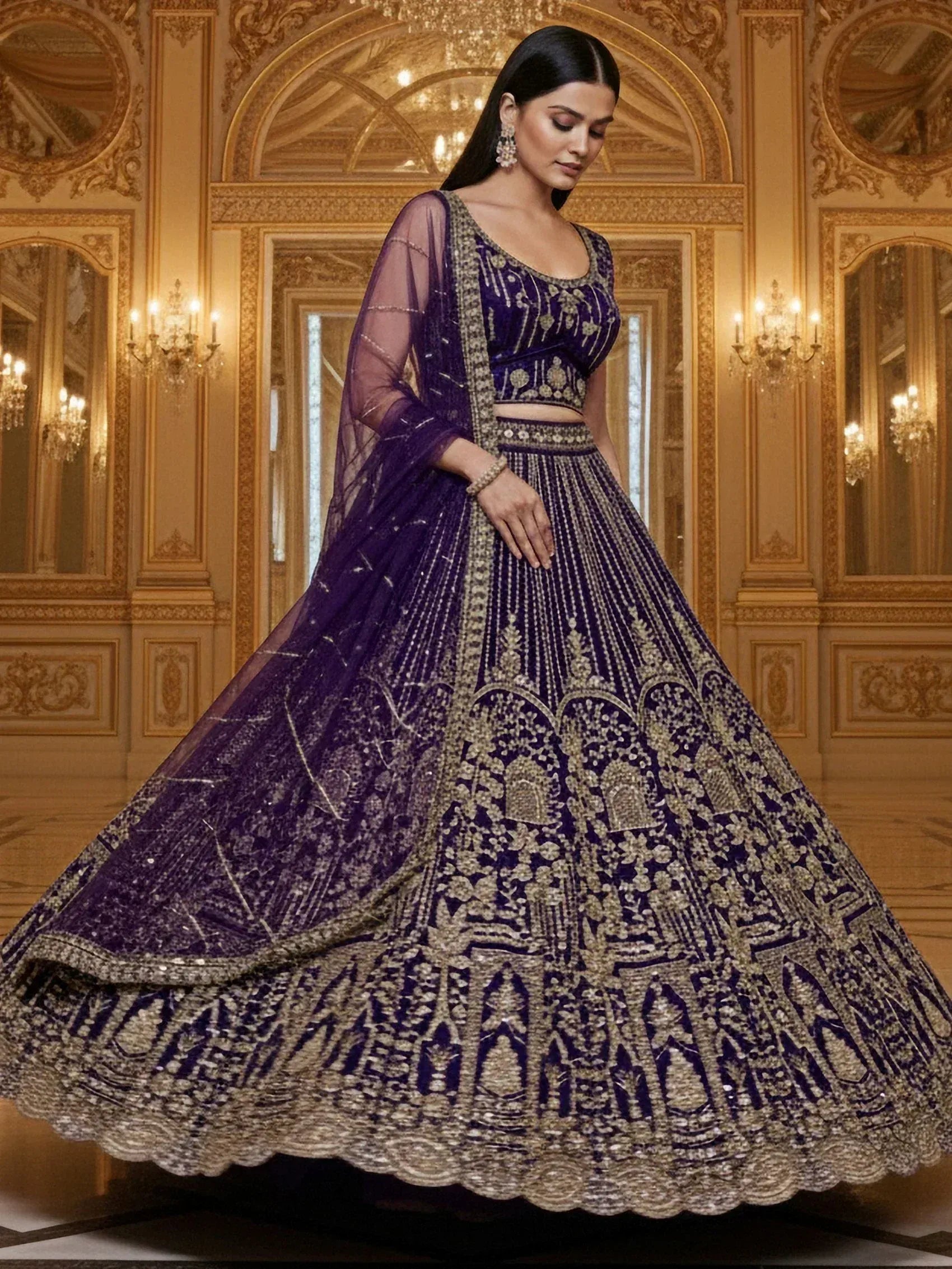 Elegant purple designer lehenga choli with gold embroidery, perfect for Indian weddings and festive occasions.