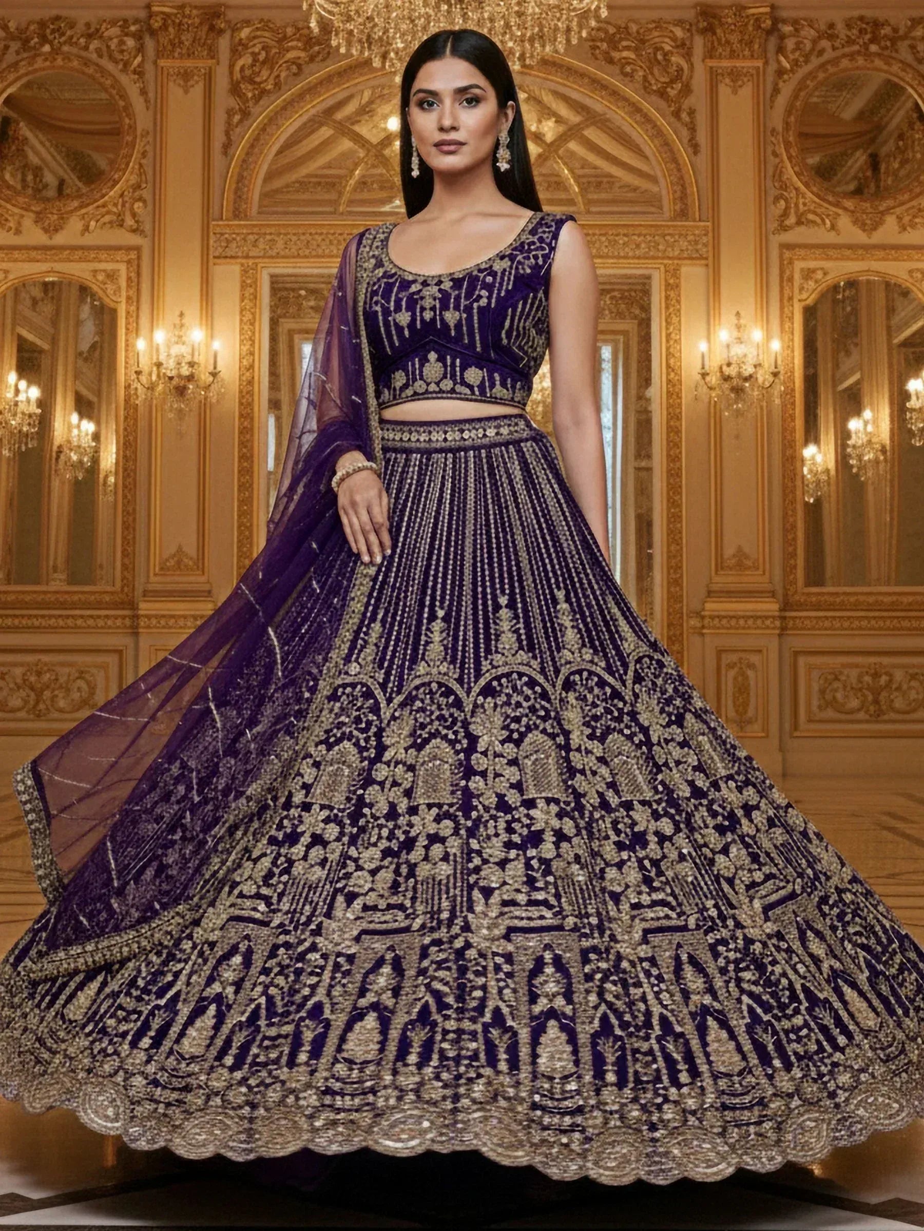 Elegant purple designer lehenga choli with heavy gold embroidery, perfect for Indian weddings and festive occasions.