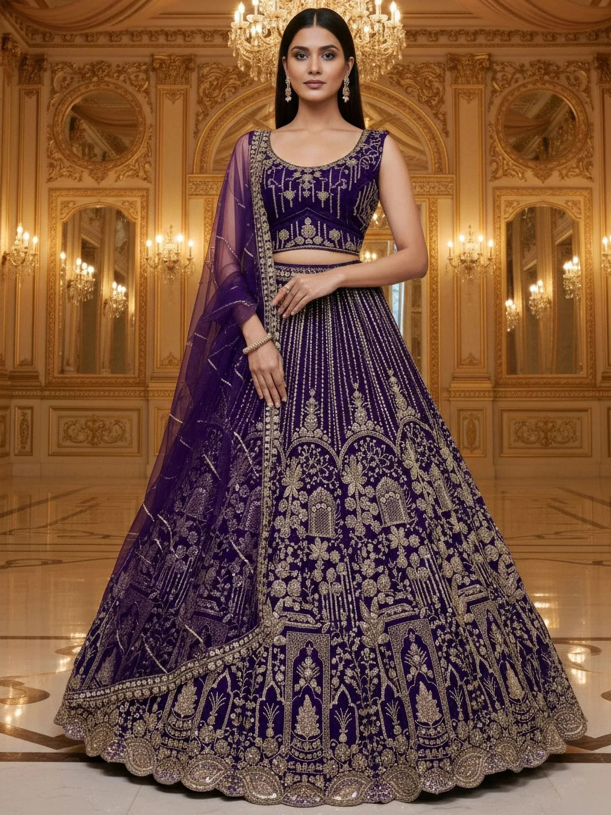 Elegant purple designer lehenga choli with gold embroidery, perfect for Indian weddings and festive occasions.