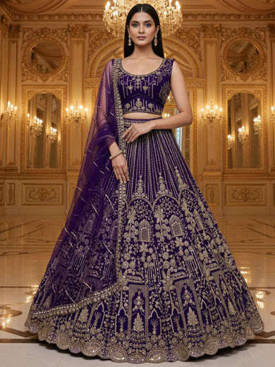 Outstanding Violet Sequins Net Bridal Wear Lehenga With Dupatta