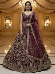 Attractive Wine Hand Work Net Bridal Lehenga Choli With Dupatta