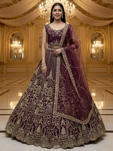 Attractive Wine Hand Work Net Bridal Lehenga Choli With Dupatta