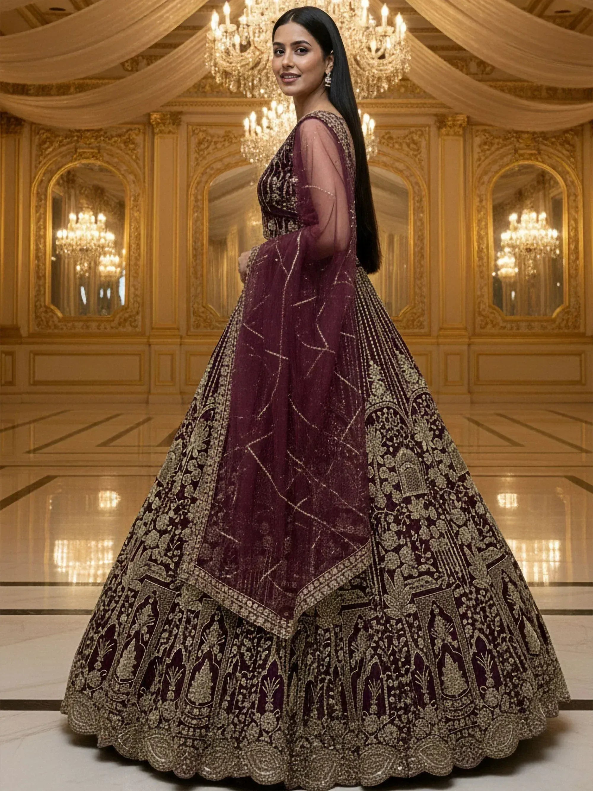 Elegant maroon lehenga choli with gold embroidery, perfect for weddings and festive occasions.