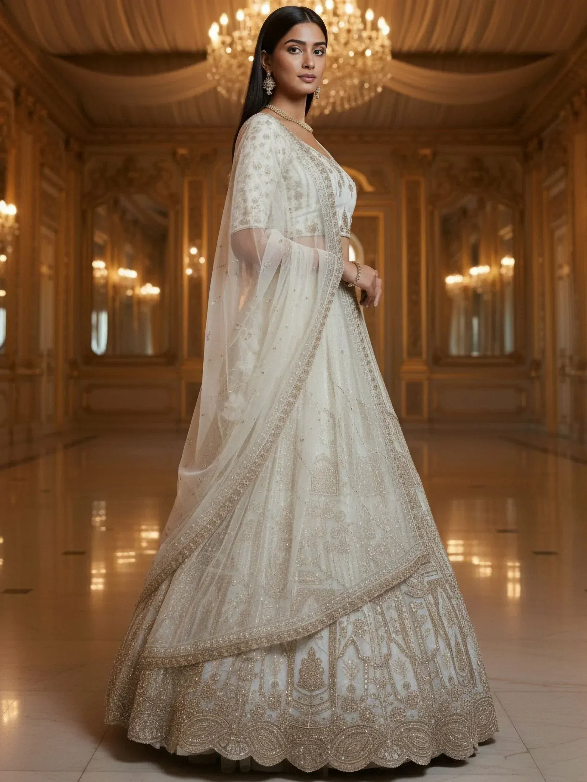 Elegant ivory lehenga choli with gold embroidery, perfect for weddings and festive occasions.