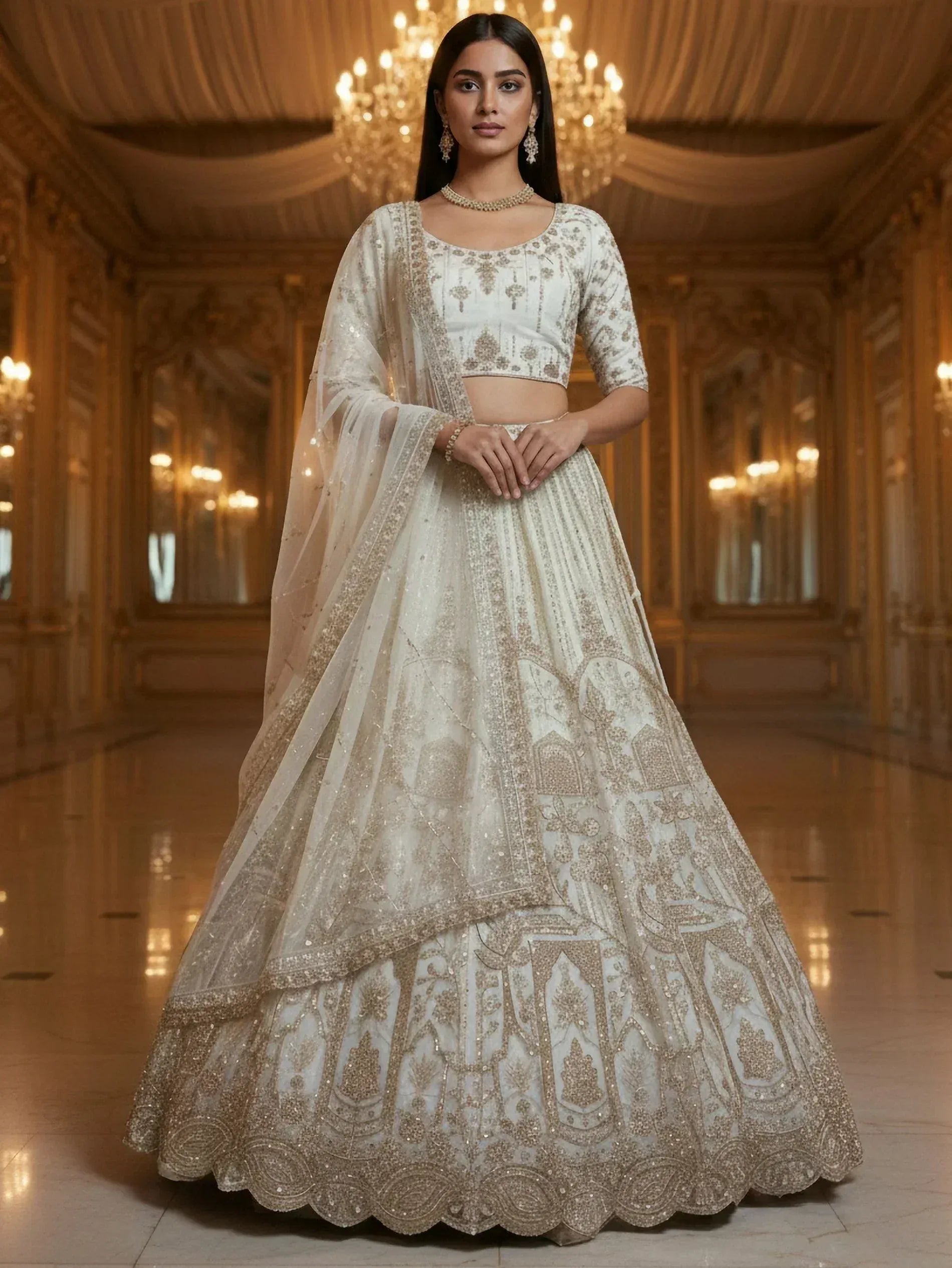 Elegant ivory lehenga choli with gold embroidery, perfect for weddings and festive occasions.