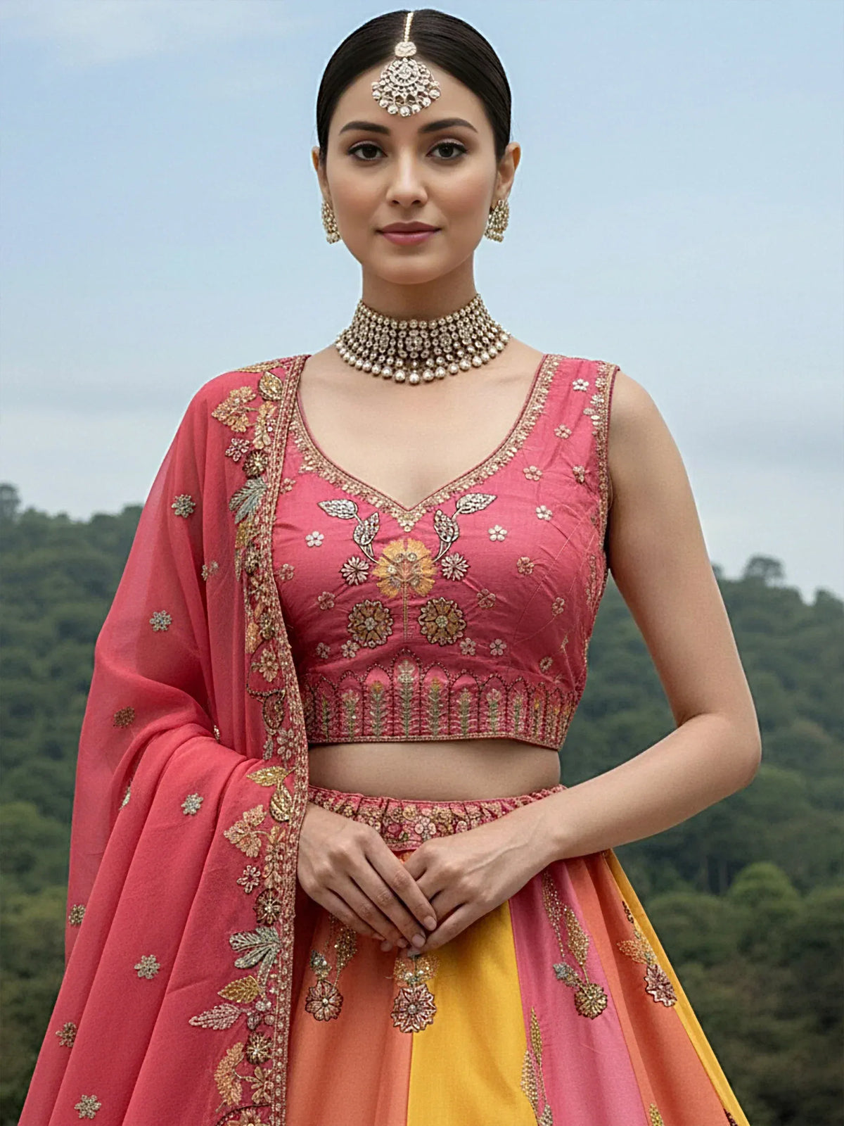 Pink and yellow embroidered lehenga choli with floral designs and traditional jewelry