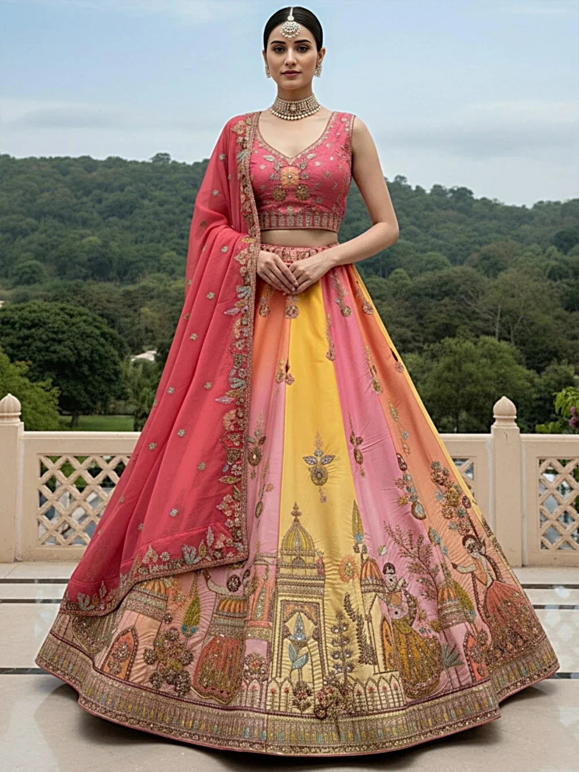 Elegant pink and yellow lehenga choli with intricate embroidery and traditional motifs