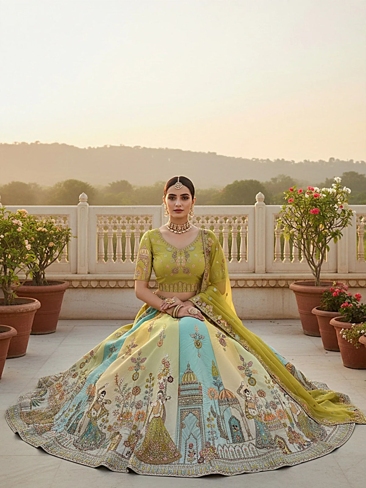 Elegant green and blue embroidered lehenga choli with intricate designs, perfect for Indian ethnic wear.
