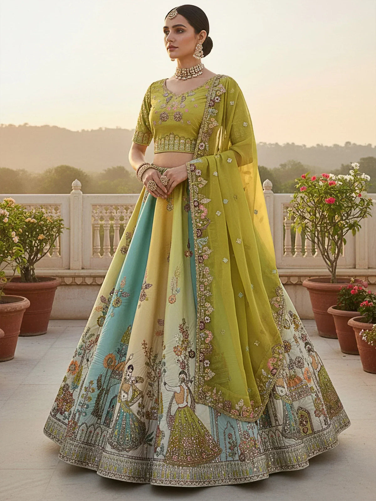 Elegant green lehenga choli with floral embroidery and traditional Indian motifs, perfect for festive occasions.