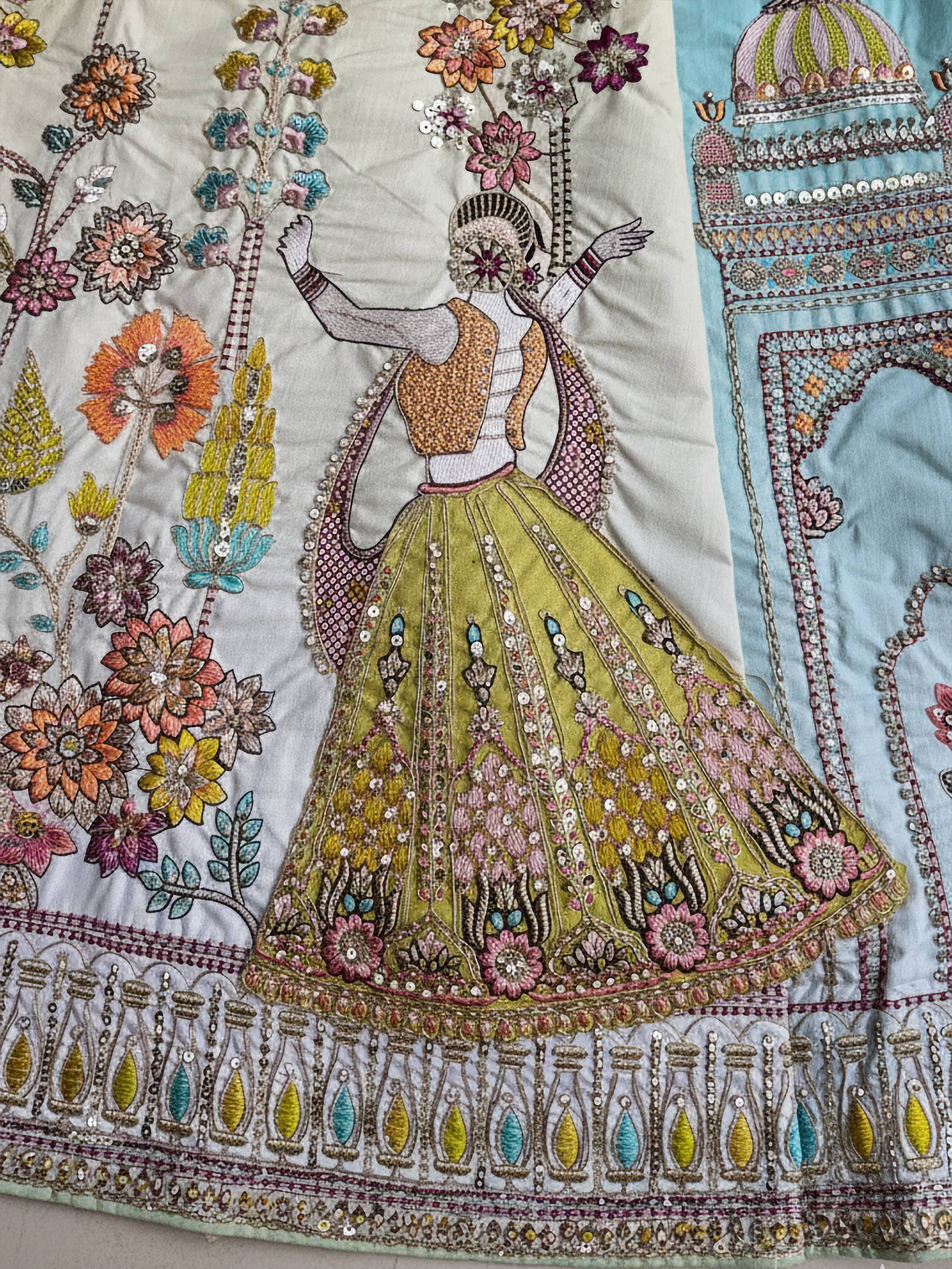 Embroidered Indian lehenga with floral and sequin detailing, perfect for ethnic wear