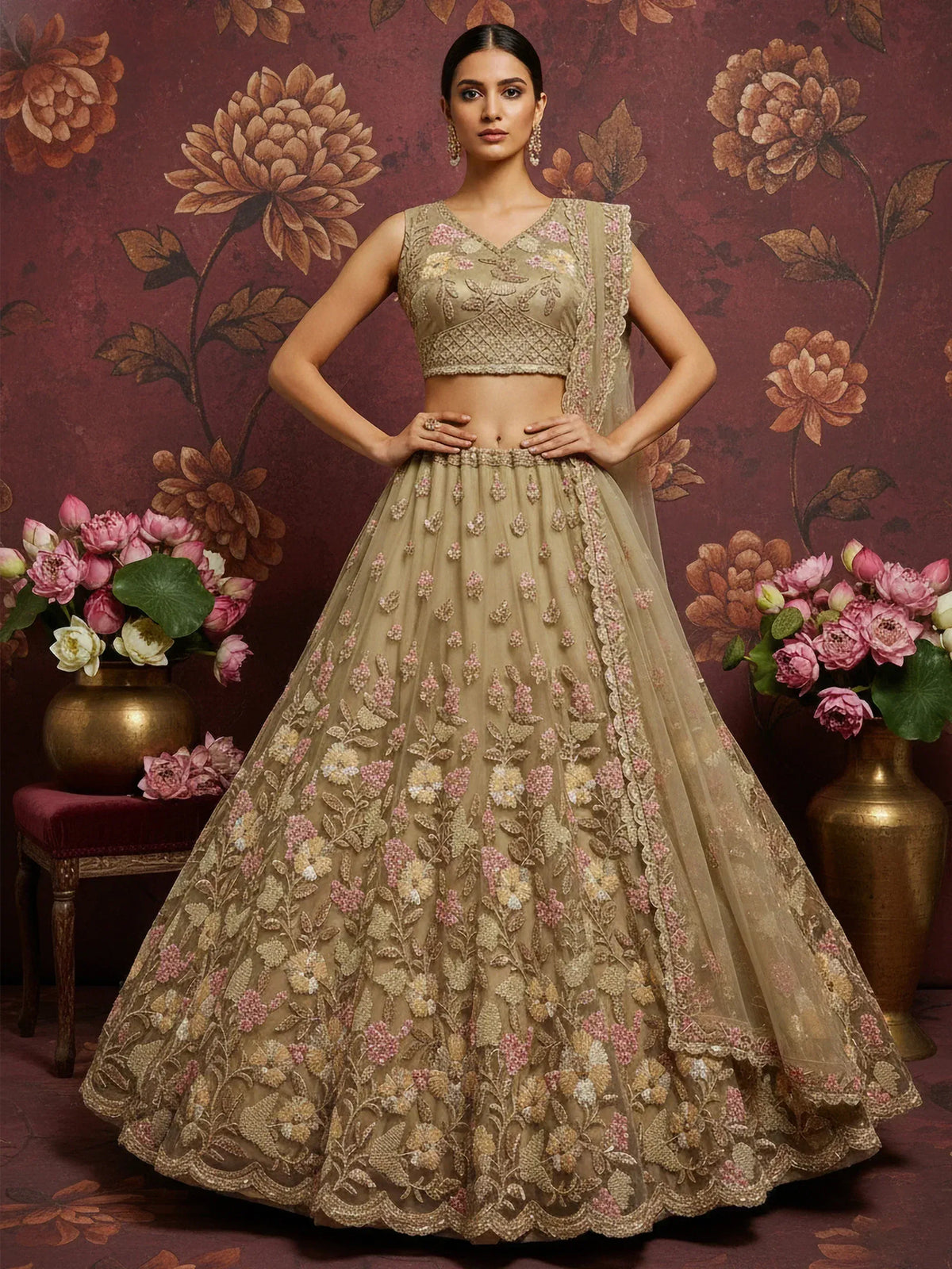 Beige floral embroidered lehenga choli with dupatta, Indian ethnic wear for weddings and parties