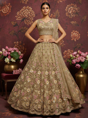 Beautiful Beige Sequins Net Bridesmaid Lehenga Choli With Dupatta