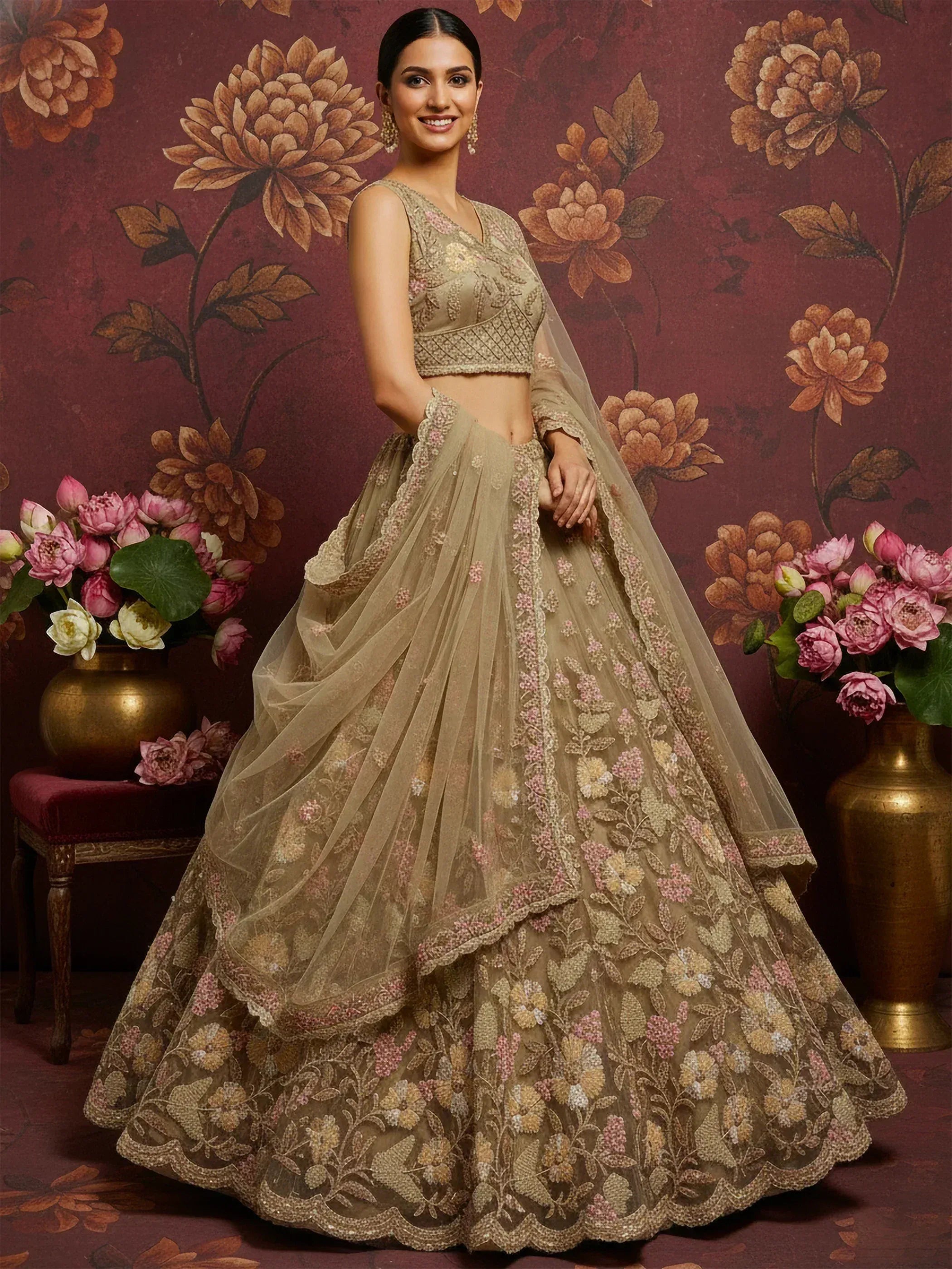 Elegant beige lehenga choli with floral embroidery, perfect for Indian weddings and festive occasions.