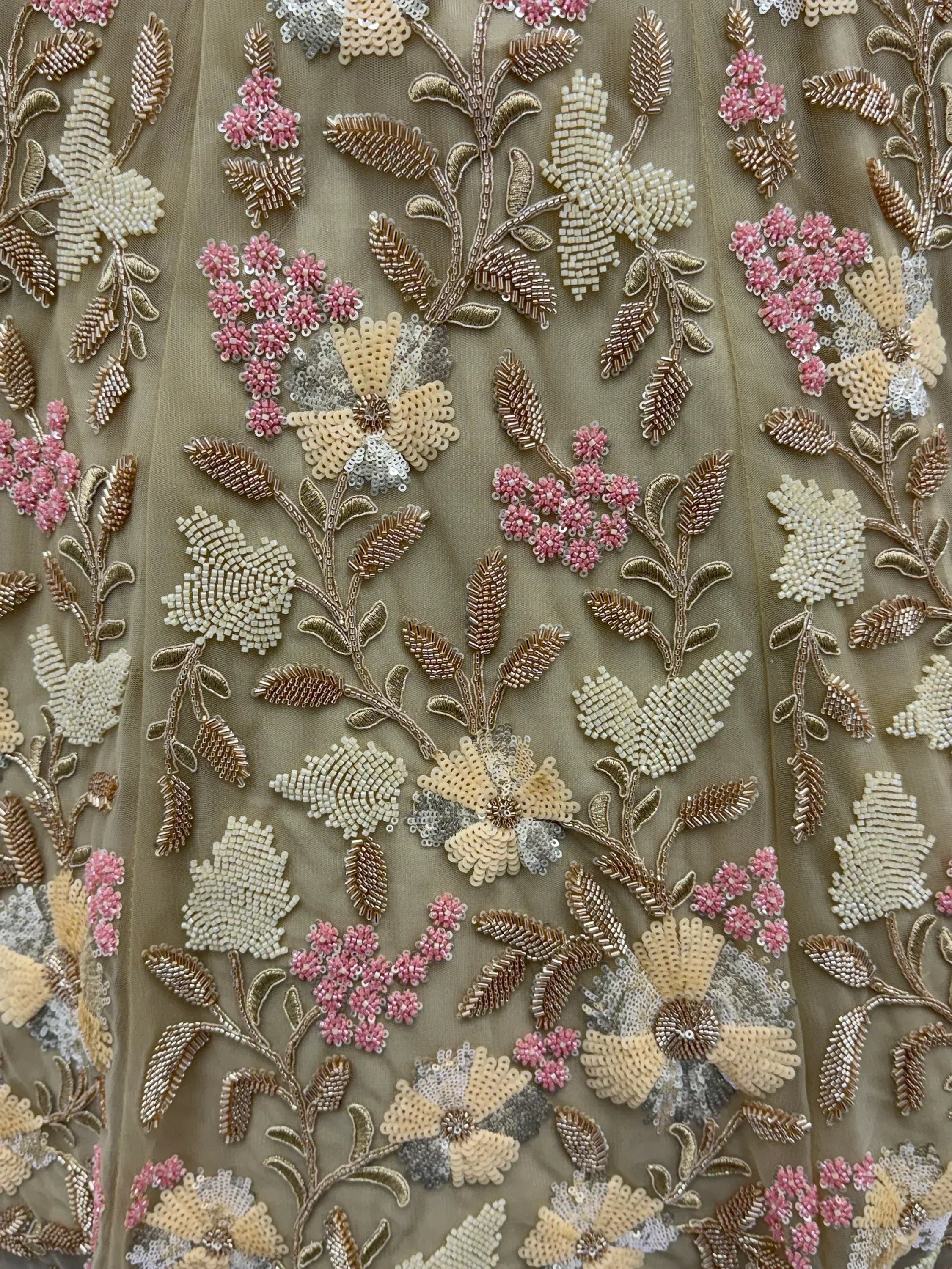 Floral beaded embroidery on ethnic wear fabric with pink, gold, and cream details