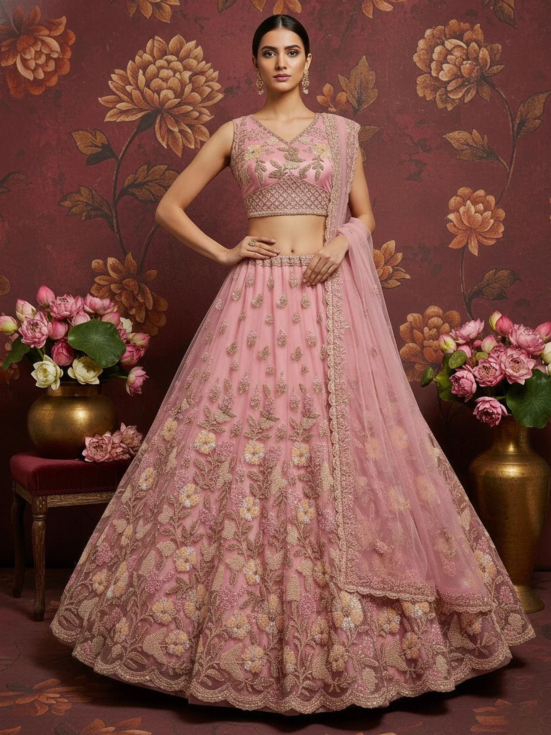 Pink embroidered lehenga choli with floral motifs, perfect for Indian weddings and festive occasions