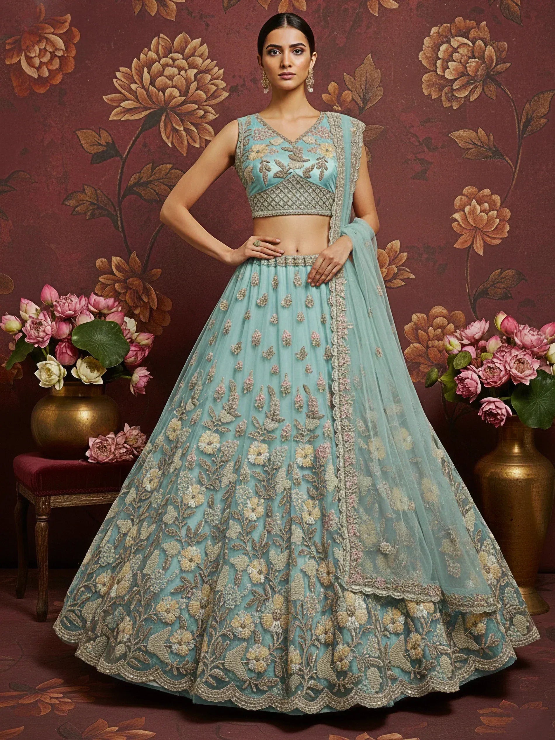 Elegant turquoise lehenga choli with floral embroidery, perfect for Indian ethnic wear occasions.