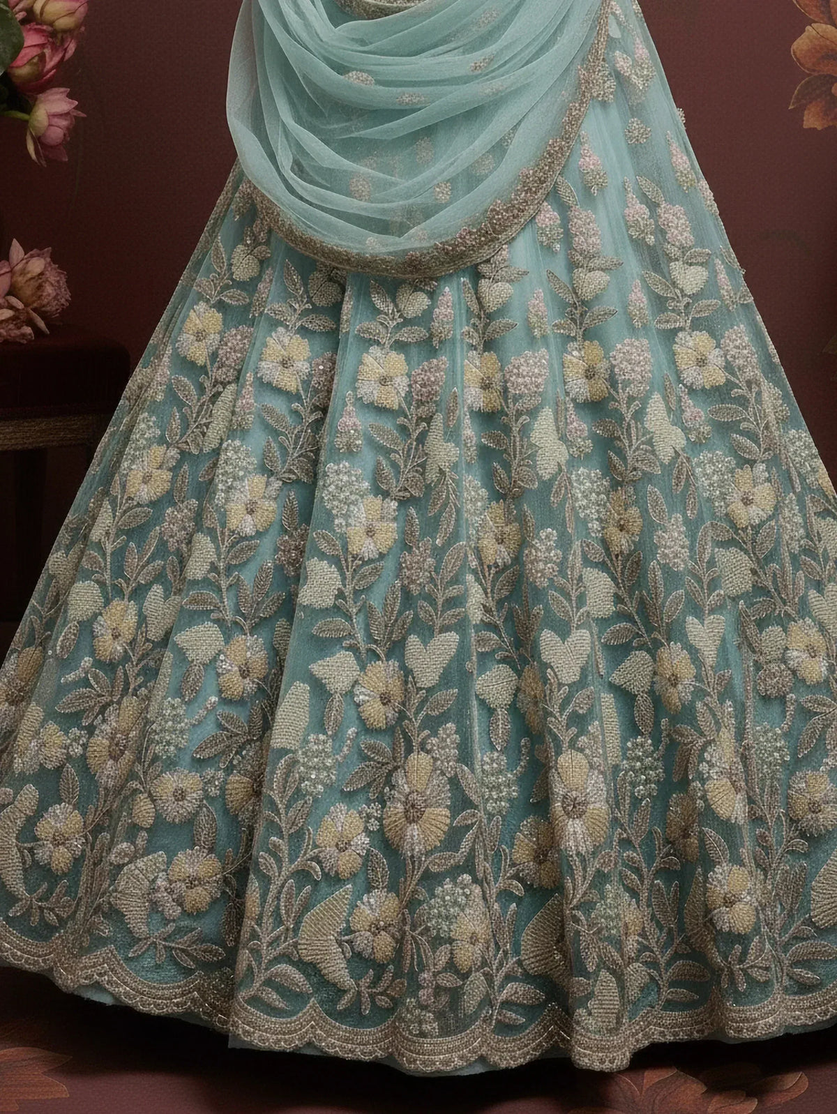 Teal floral embroidered lehenga with matching dupatta, Indian ethnic wear for weddings and festivals