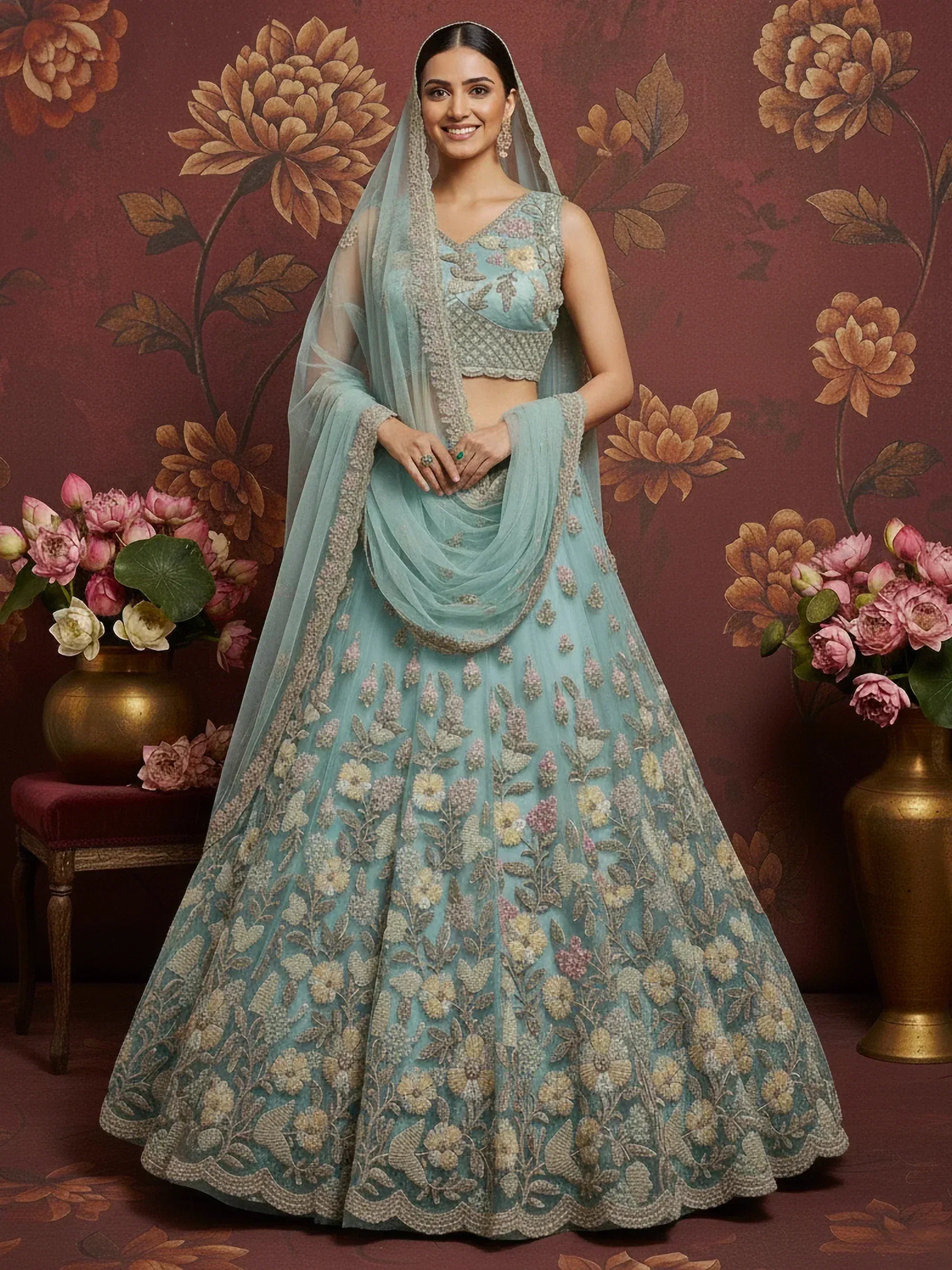 Elegant turquoise lehenga choli with floral embroidery and matching dupatta for Indian ethnic wear