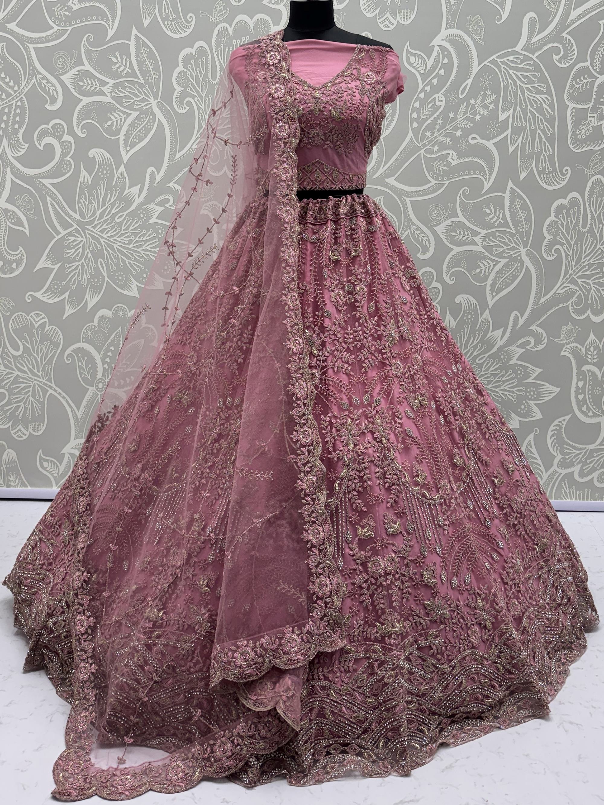 Fabulous Pink Diamond Work Net Reception Wear Lehenga Choli
