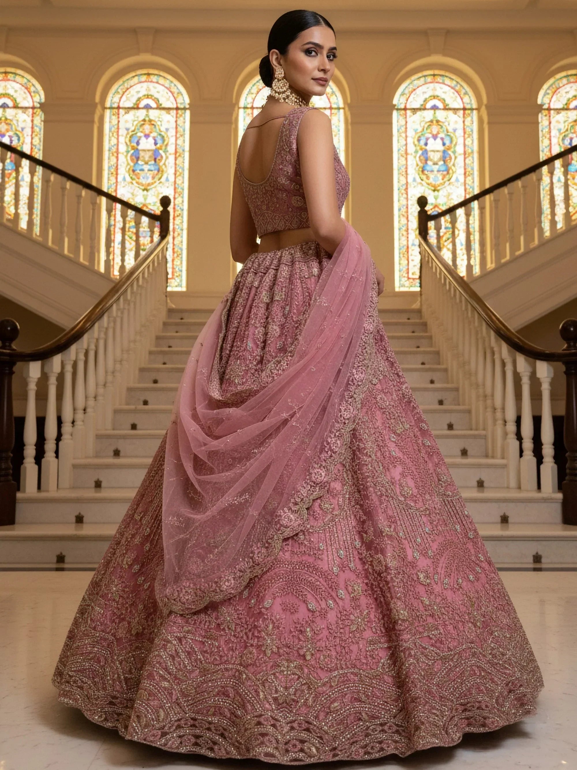Fabulous Pink Diamond Work Net Reception Wear Lehenga Choli