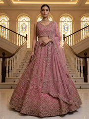 Fabulous Pink Diamond Work Net Reception Wear Lehenga Choli