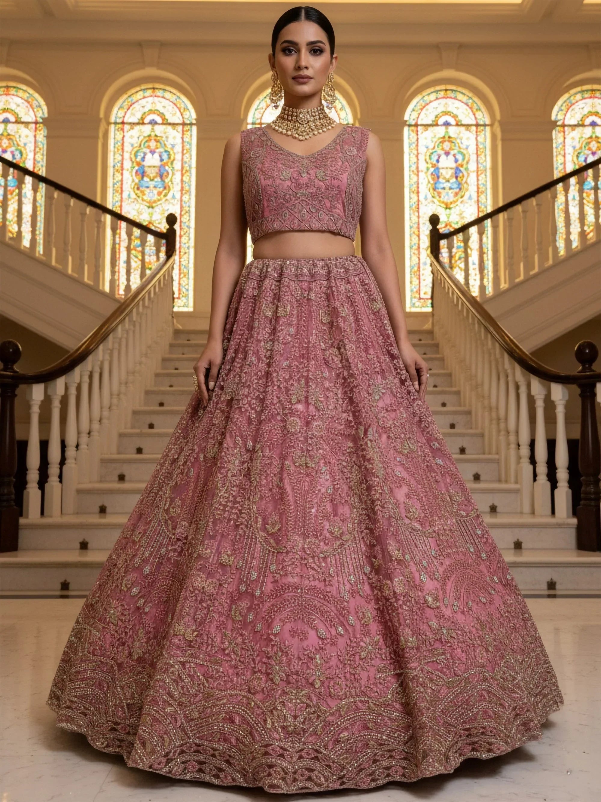 Fabulous Pink Diamond Work Net Reception Wear Lehenga Choli