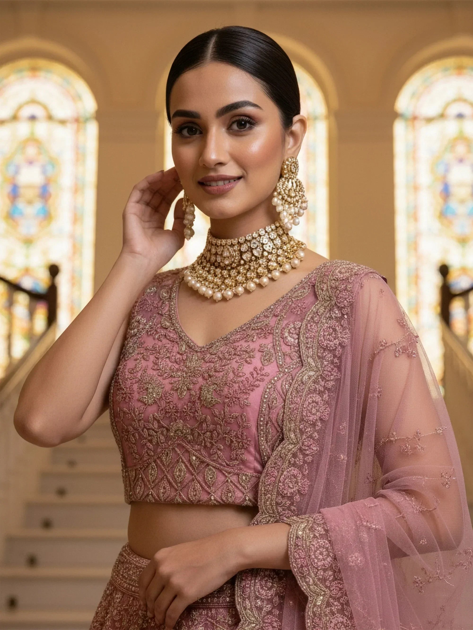 Fabulous Pink Diamond Work Net Reception Wear Lehenga Choli