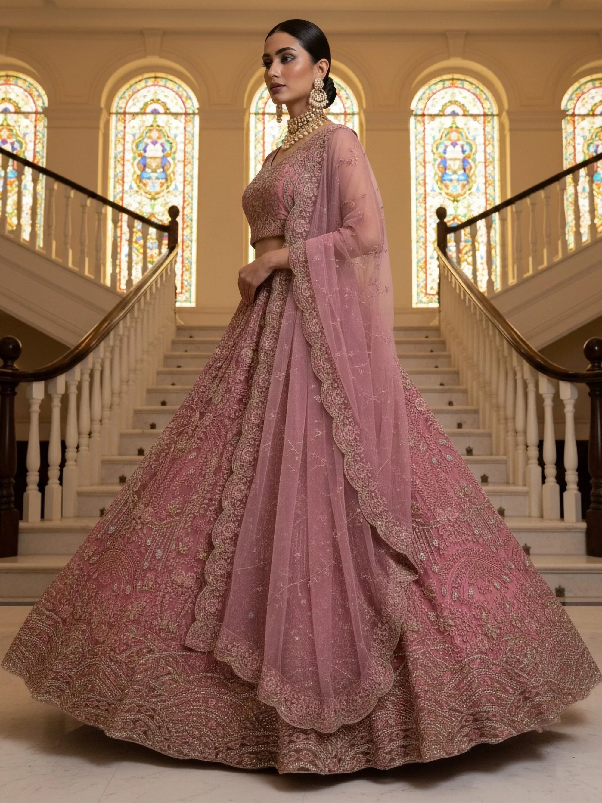Fabulous Pink Diamond Work Net Reception Wear Lehenga Choli