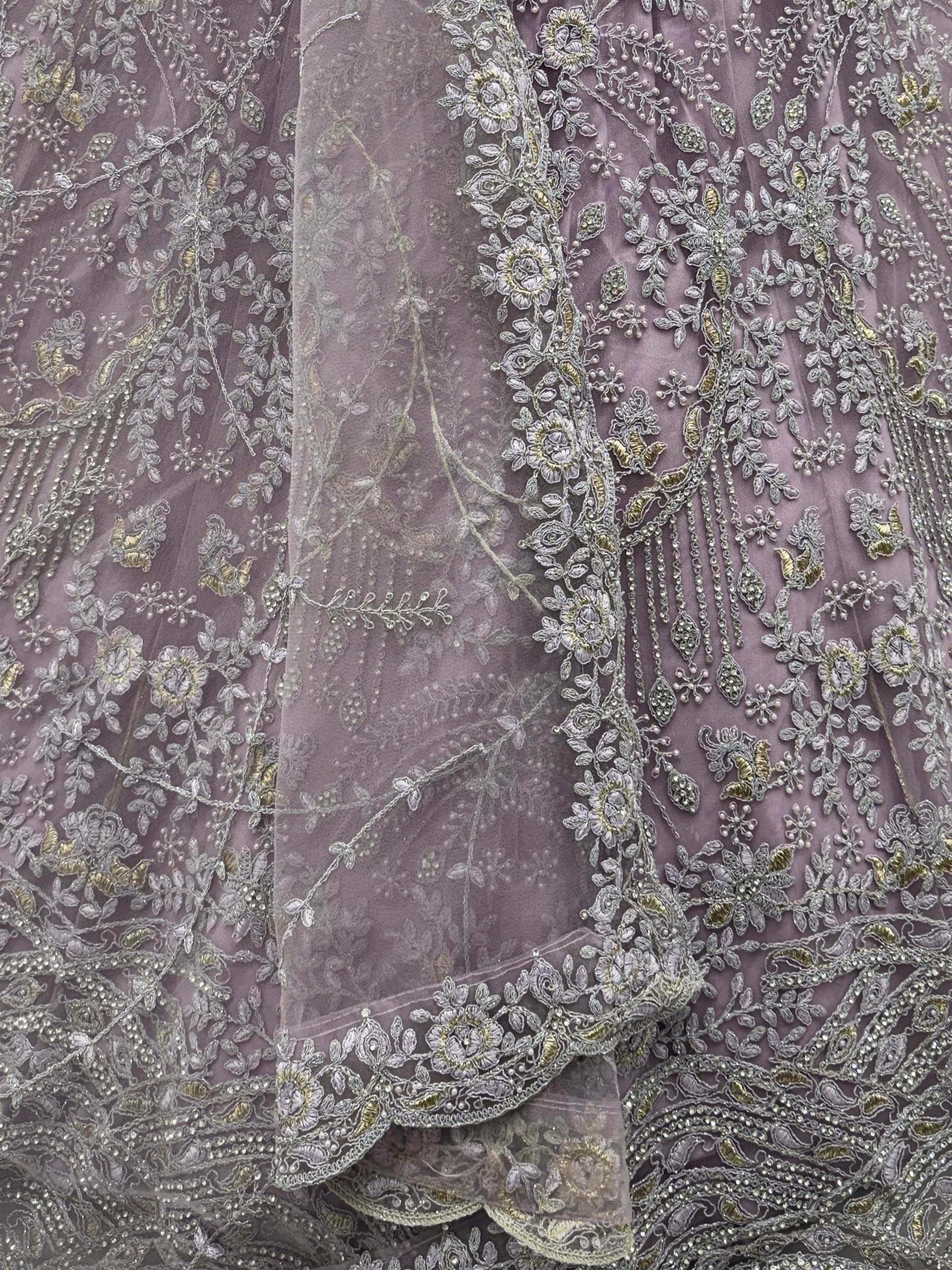 Amazing Lilac Thread Embroidered Net Party Wear Lehenga Choli