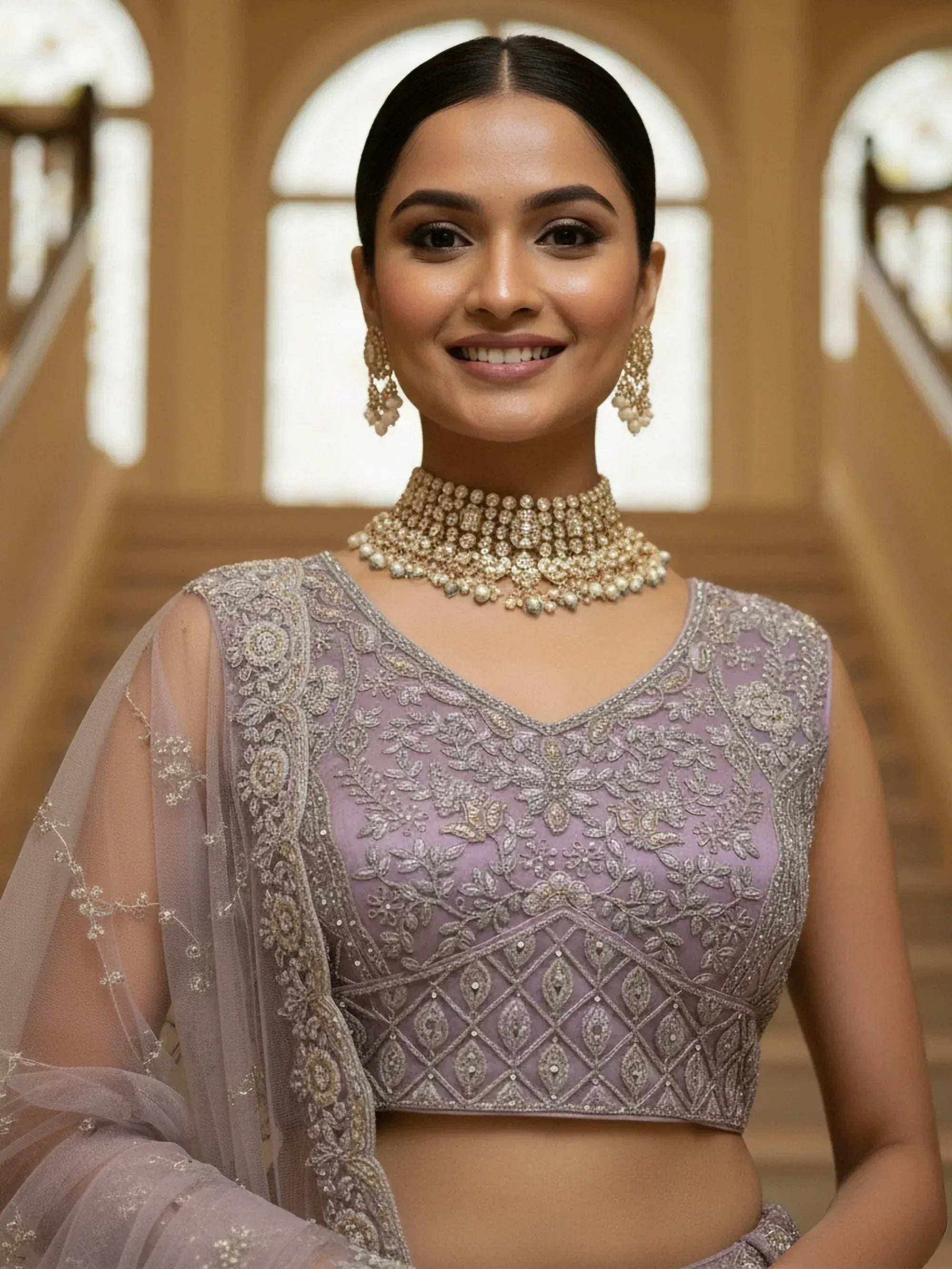 Amazing Lilac Thread Embroidered Net Party Wear Lehenga Choli