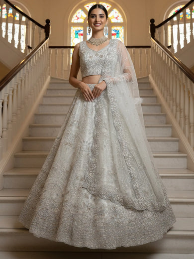 Awesome White Thread Embroidered Net Engagement Wear Lehenga Choli