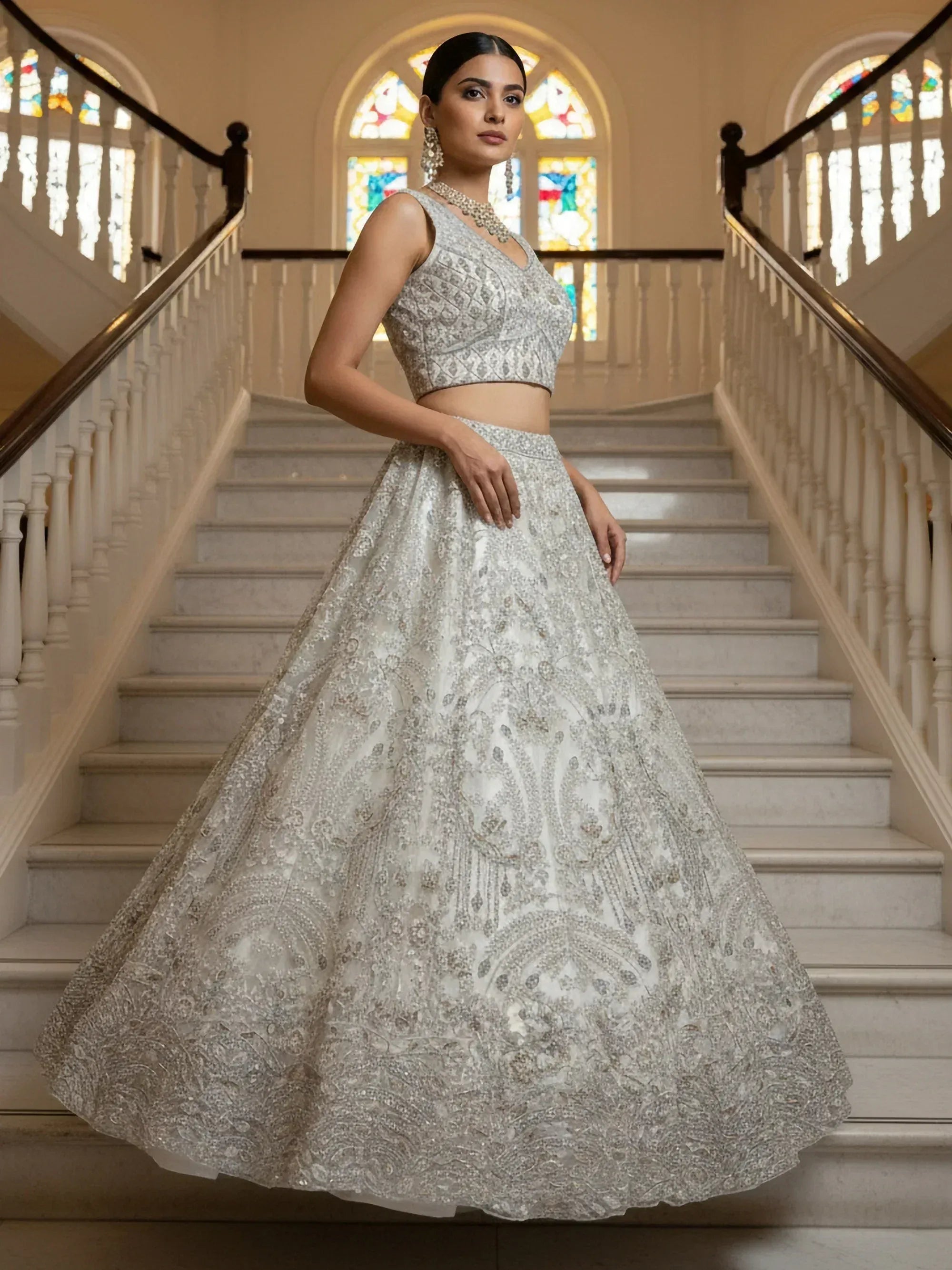 Awesome White Thread Embroidered Net Engagement Wear Lehenga Choli