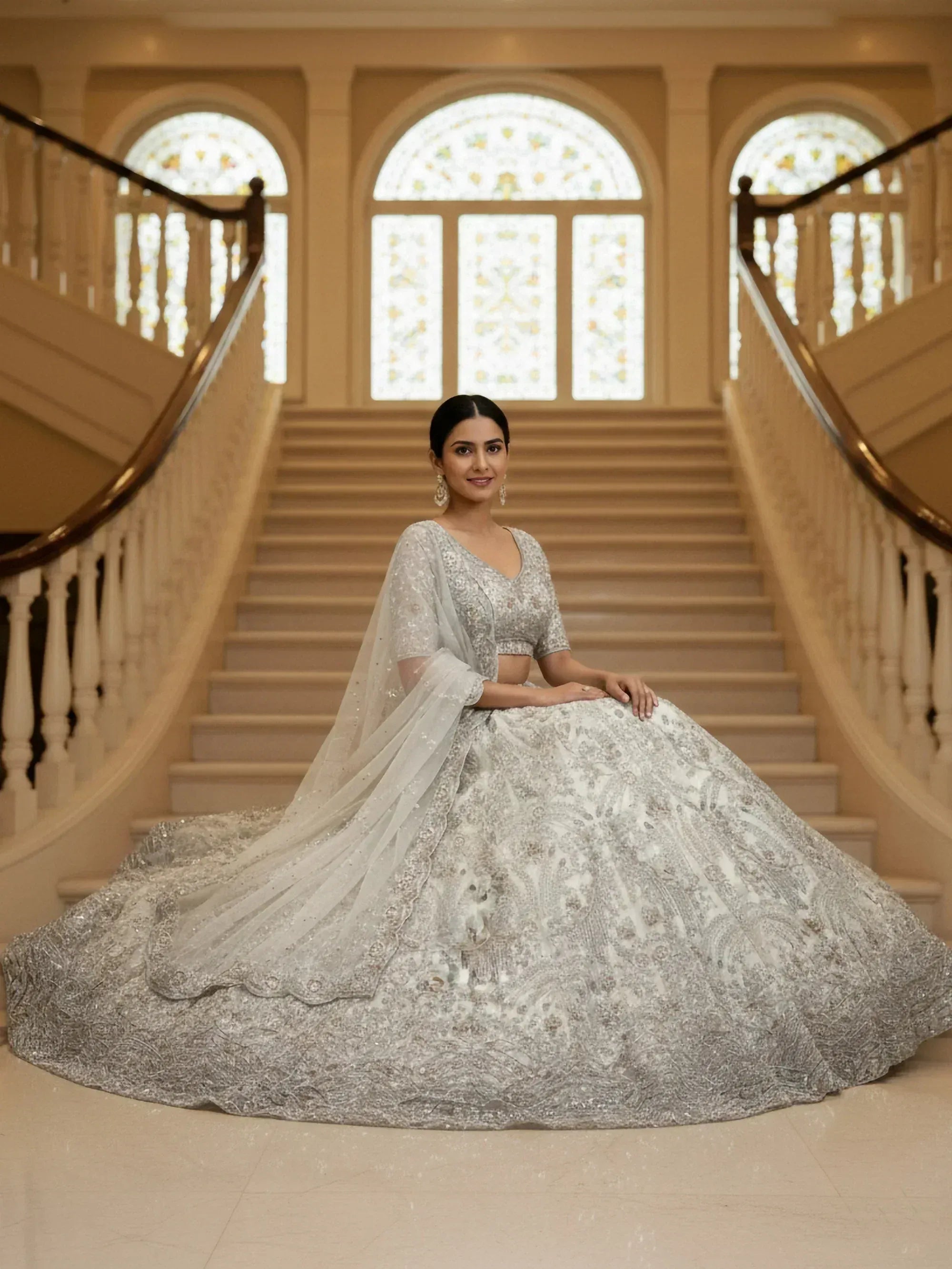 Awesome White Thread Embroidered Net Engagement Wear Lehenga Choli