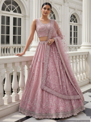 Adorable Peach Heavy Embroidered Net Reception Wear Lehenga Choli
