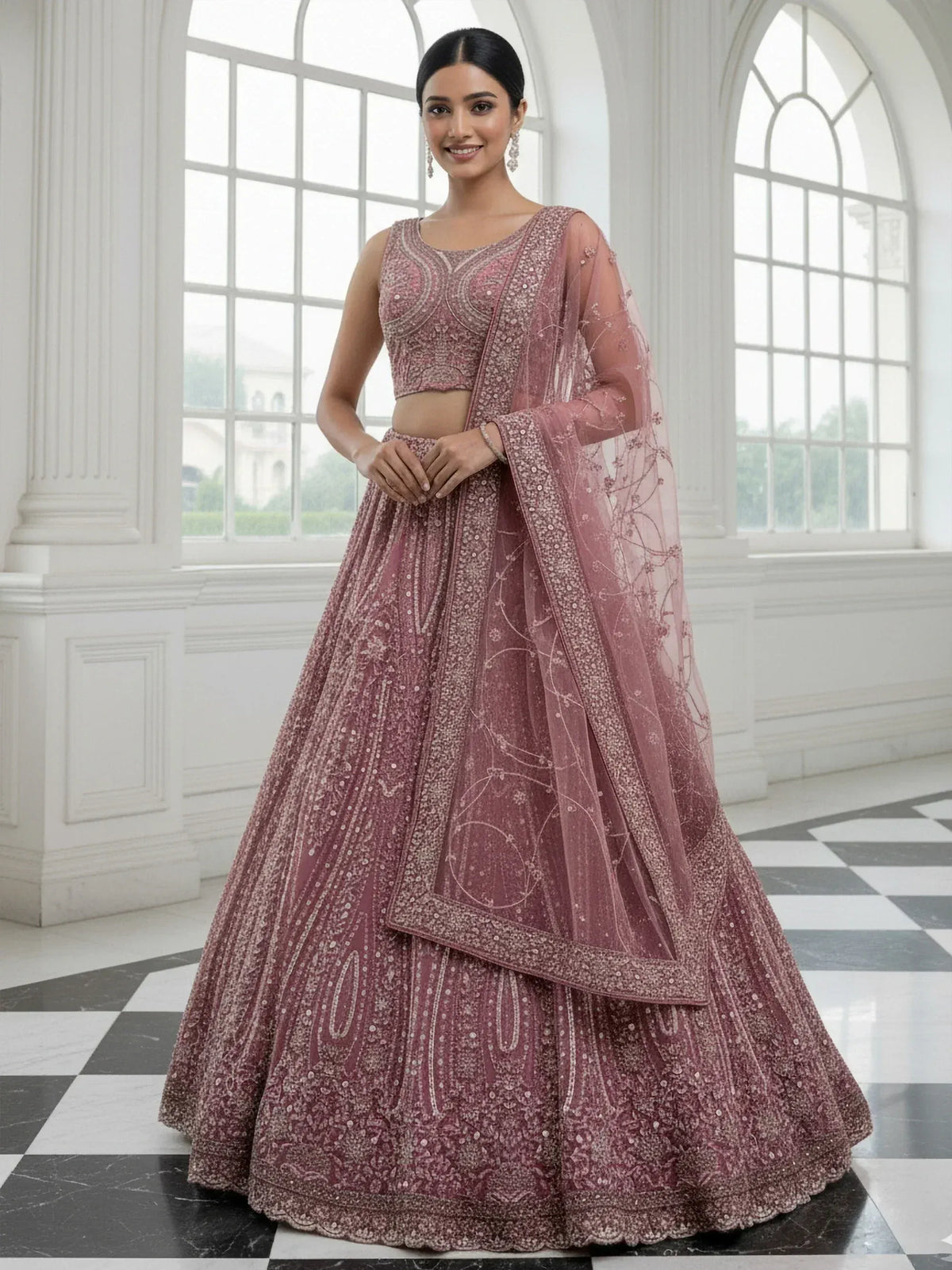 Elegant pink embroidered lehenga choli with sheer dupatta, perfect for Indian ethnic wear