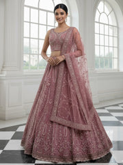 Charming Pink Diamond Work Net Party Wear Lehenga Choli