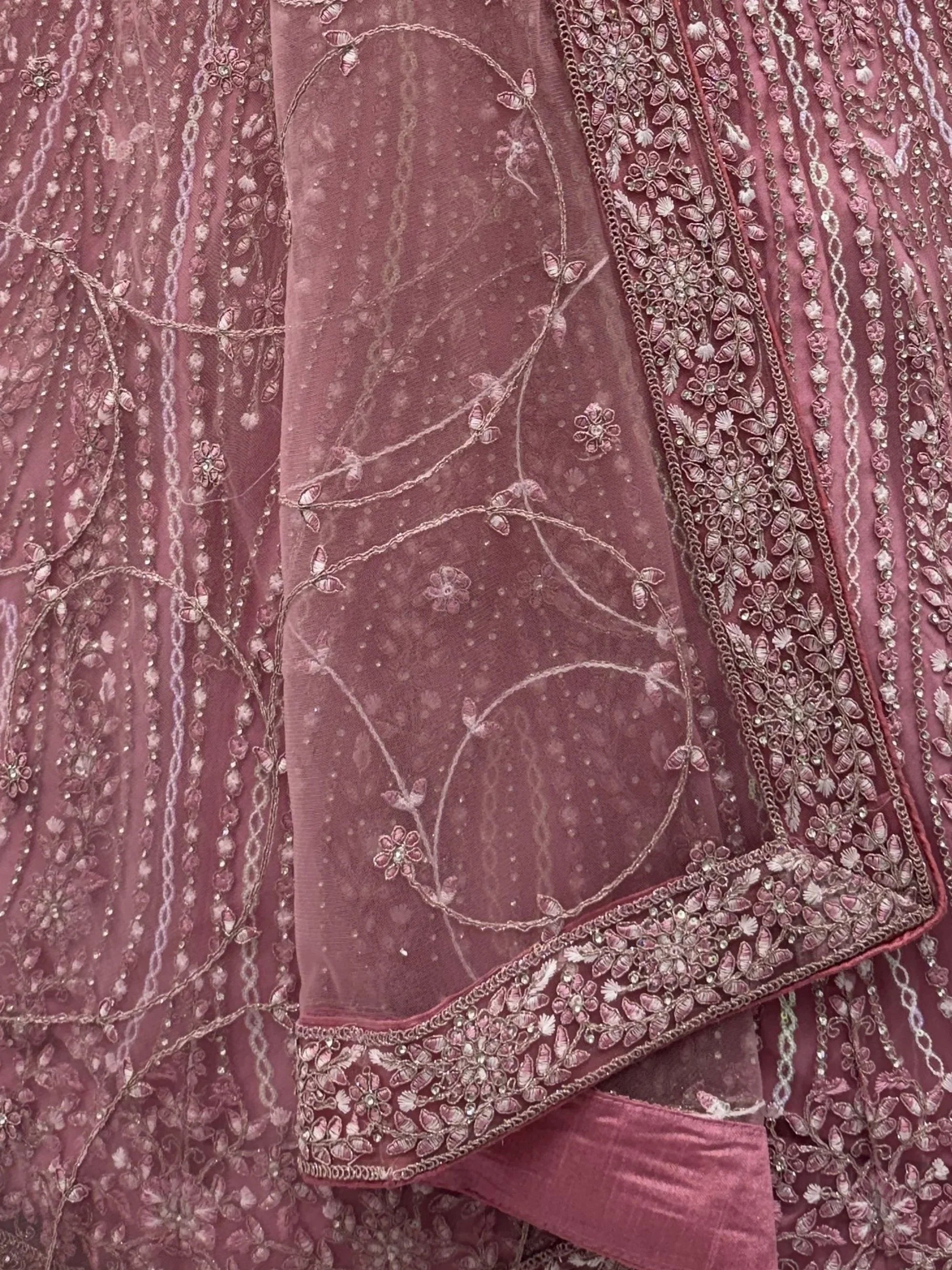 Charming Pink Diamond Work Net Party Wear Lehenga Choli