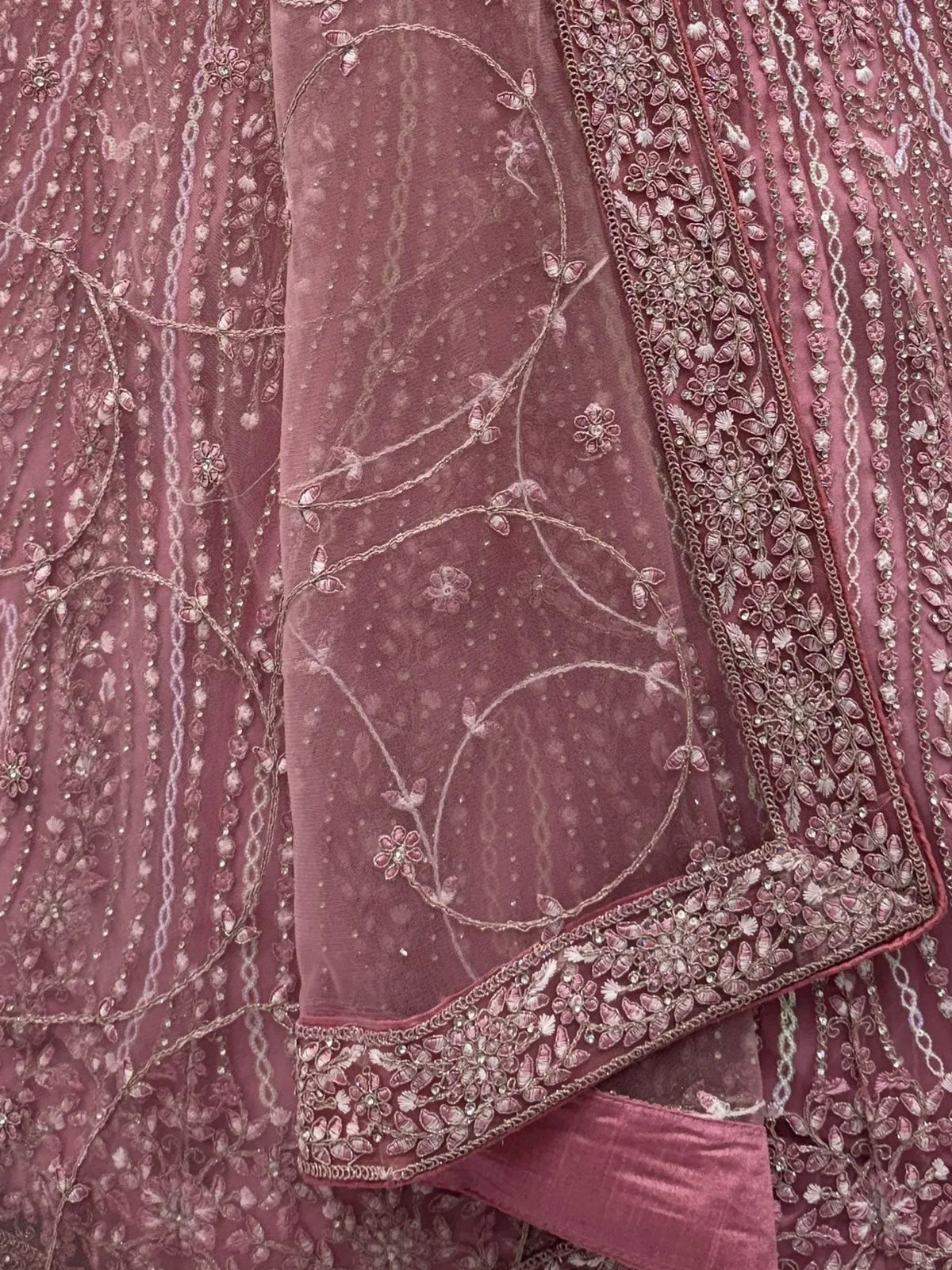 Elegant pink embroidered lehenga with floral zari work and sheer dupatta detailing