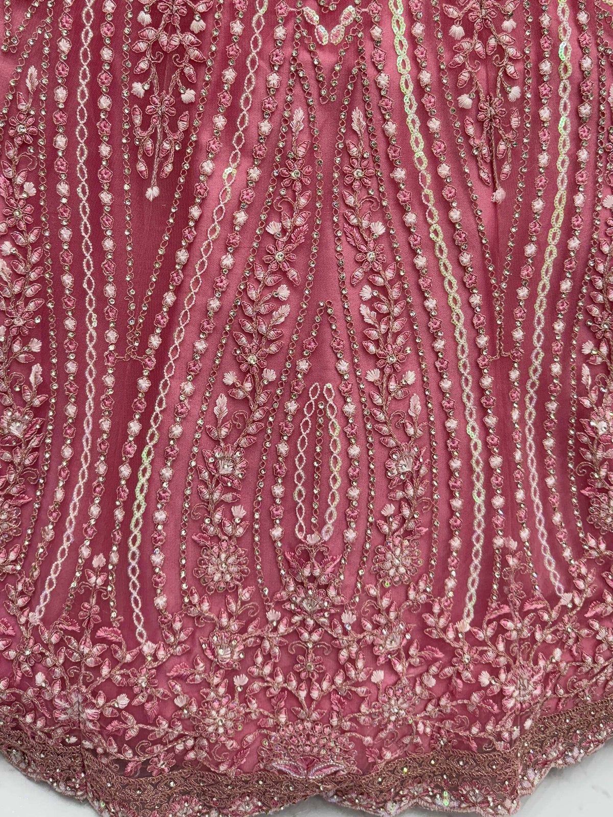 Pink embroidered lehenga with floral and sequin detailing, perfect for Indian ethnic wear